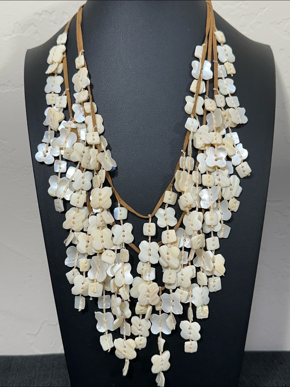 Mother of Pearl 3 Strand Suede Leather Statement Boho Vintage Necklace